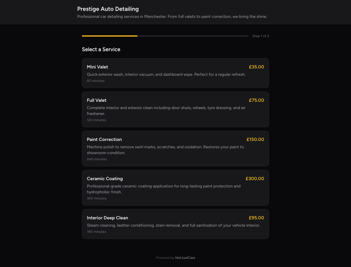 NotJustCars public booking page showing service selection and time slot picker