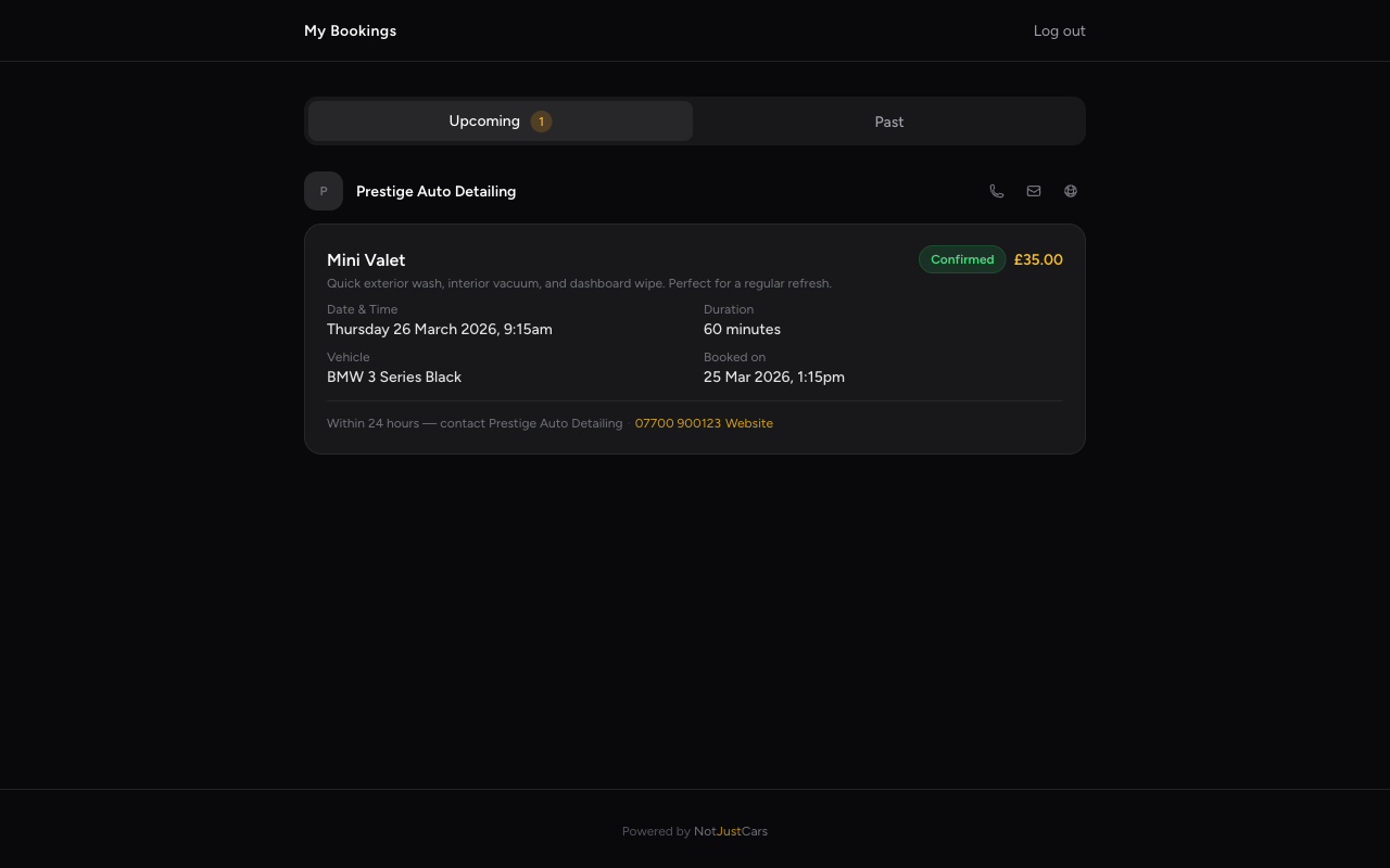 NotJustCars client portal showing upcoming and past bookings with reschedule and cancel options