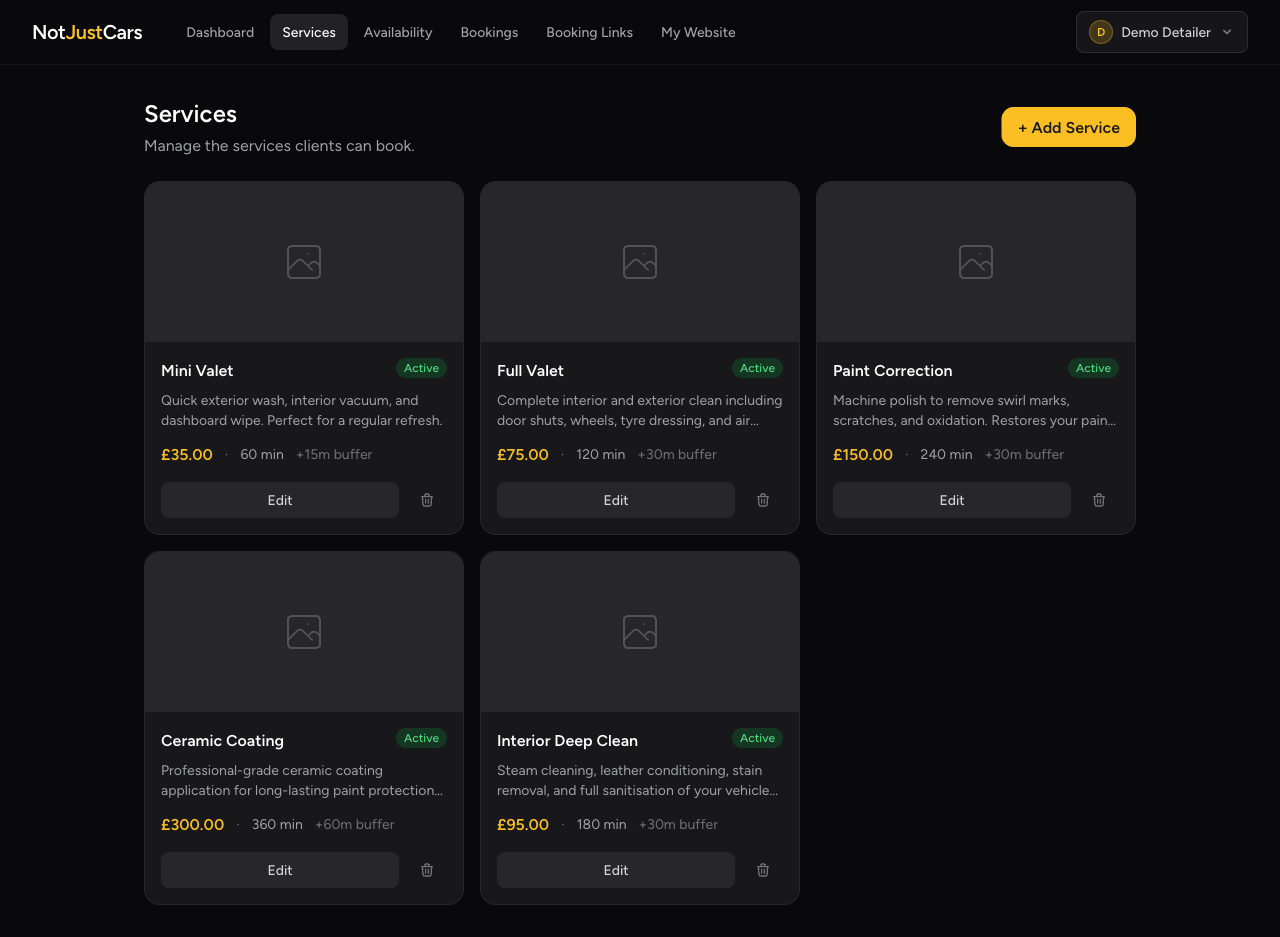 NotJustCars services page showing detailing services with prices and durations