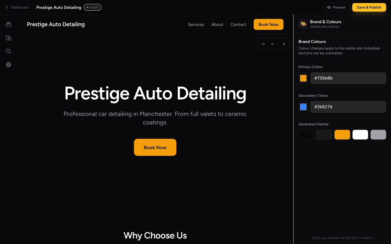 NotJustCars website builder showing drag-and-drop section editor with live preview